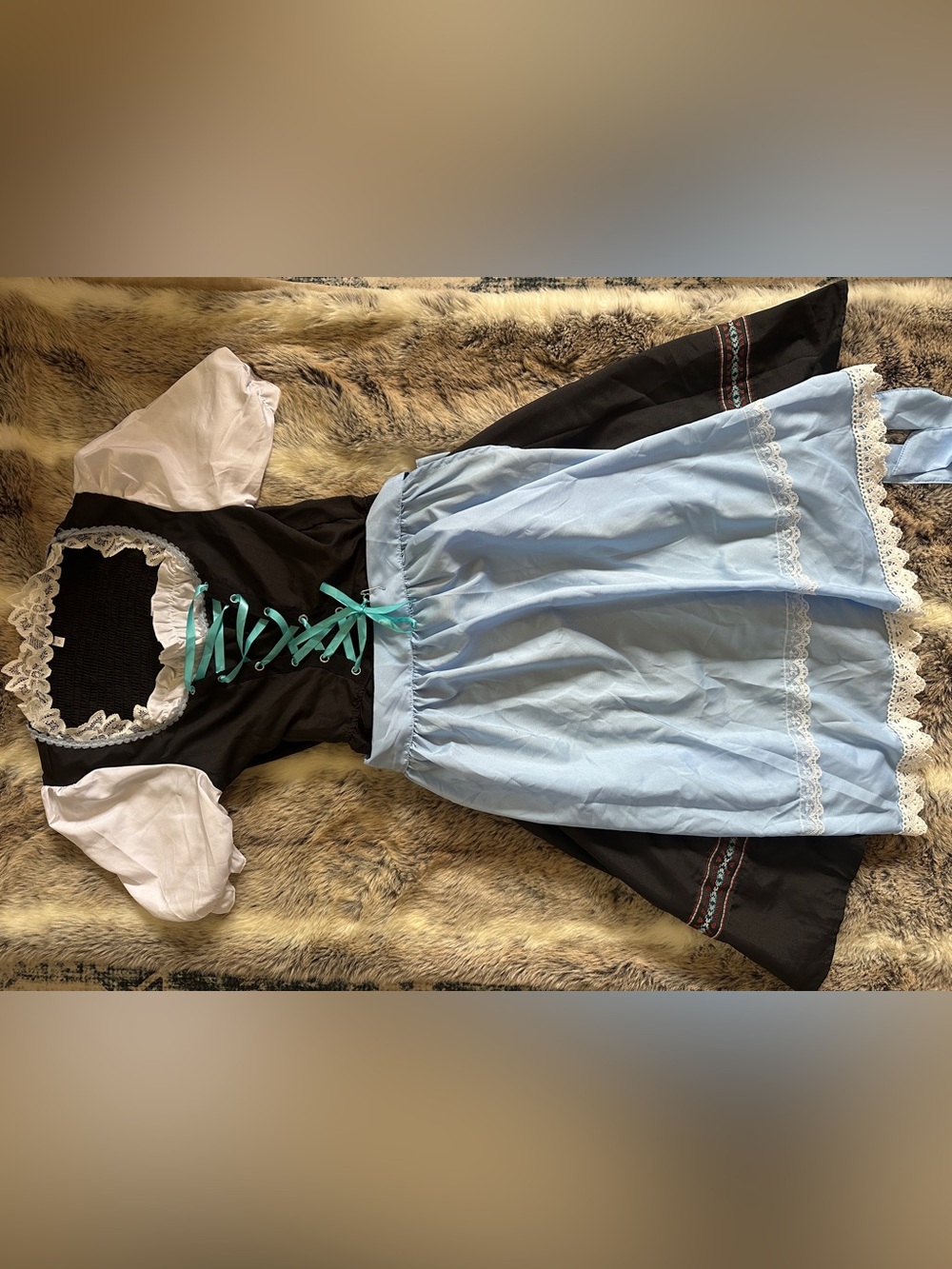 Blue & Black Lace-Up Dirndl Style Dress with White Puff Sleeves German- small
